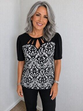 Diana Belle Black & White  Damask Print Top with Cut-outs at Neckline, Size XL